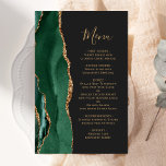 Papier Grand Budget Emerald Green Or Agate Mariage foncé<br><div class="desc">Le bord gauche de cet élégant menu mariage moderne comporte une bordure d'aquarelle vert émeraude bordée d'une parties scintillant en faux or. Le texte personnalisable combine un script d'écriture manuscrite de couleur or fantaisie et des polices de cuivre sur un arrière - plan noir d'ardoise. L'envers est assorti d'une agate...</div>