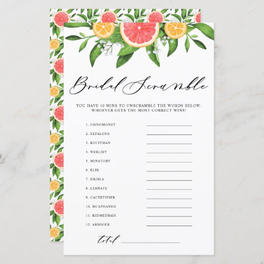 Papier Grapefruit Bride Mot Scramble Fête des mariées Jeu (Devant / Derrière)
