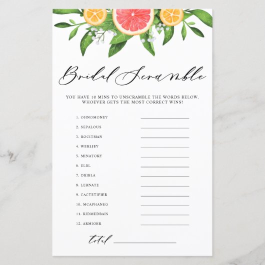 Papier Grapefruit Bride Mot Scramble Fête des mariées Jeu (Devant)