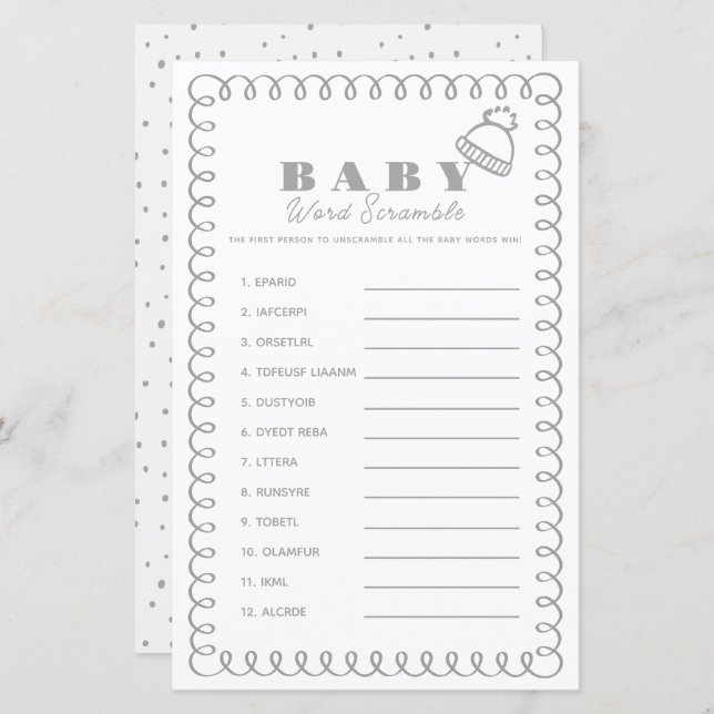 Papier Gray Hand-Drawn Beanie Baby Word Scramble (Devant / Derrière)