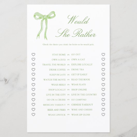 Papier Green Bow aimerait qu'elle préfère Fête des mariée (Devant)