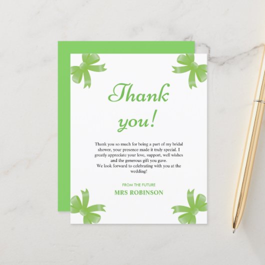 Papier Green Bow Bridal Shower Thank You Card (Devant/Arrière en situation)