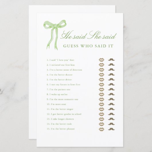 Papier Green Bow Il Dit Qu'Elle A Dit Fête des mariées Ga (Devant / Derrière)