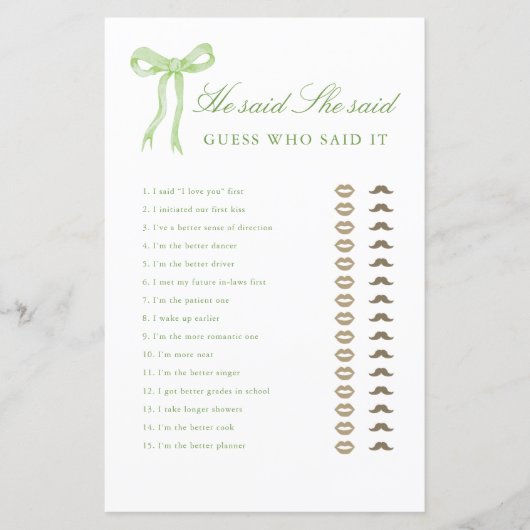 Papier Green Bow Il Dit Qu'Elle A Dit Fête des mariées Ga (Devant)