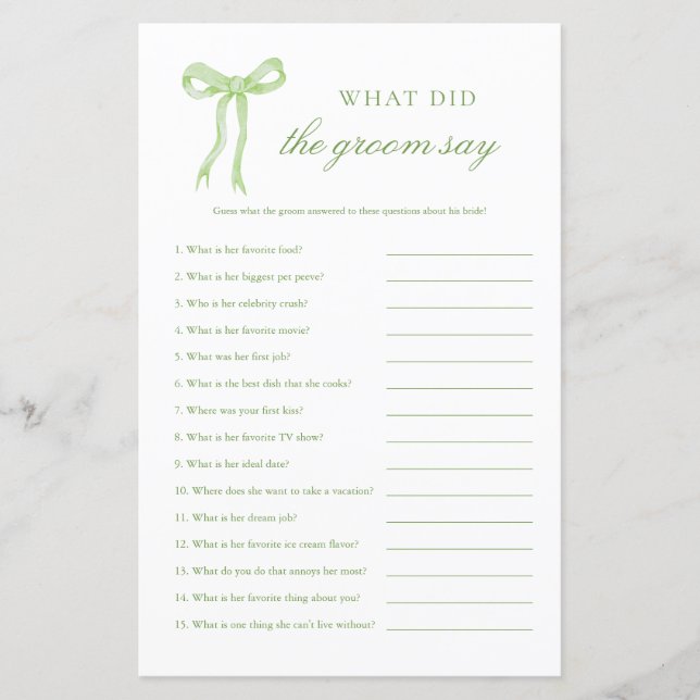 Papier Green Bow Qu'Est-Ce Que La Salle A Dit Jeu De Mari (Devant)