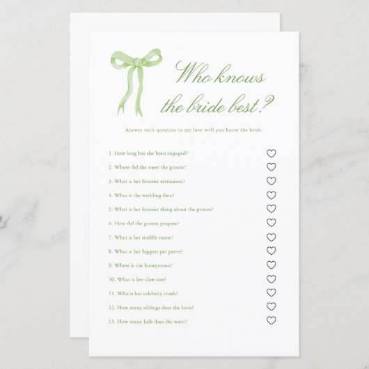 Papier Green Bow qui connaît la mariée meilleur jeu nupti (Devant / Derrière)