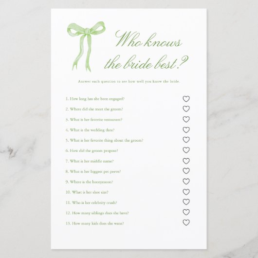 Papier Green Bow qui connaît la mariée meilleur jeu nupti (Devant)