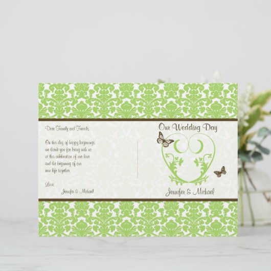 Papier Green Brown Damask Heart Butterfly Wedding Program (Debout devant)