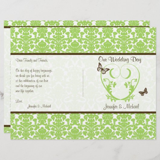 Papier Green Brown Damask Heart Butterfly Wedding Program (Devant / Derrière)