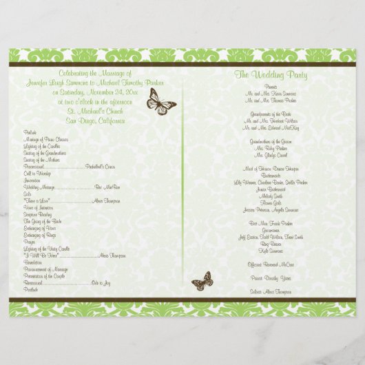 Papier Green Brown Damask Heart Butterfly Wedding Program (Dos)