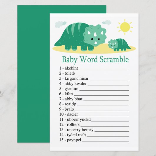 Papier Green Dino Baby jeu de brouillage de mot pour bébé (Devant / Derrière)