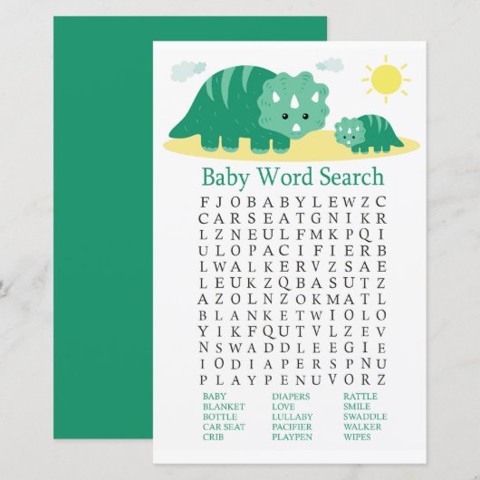 Papier Green Dino Baby shower Word Search Jeu (Devant / Derrière)