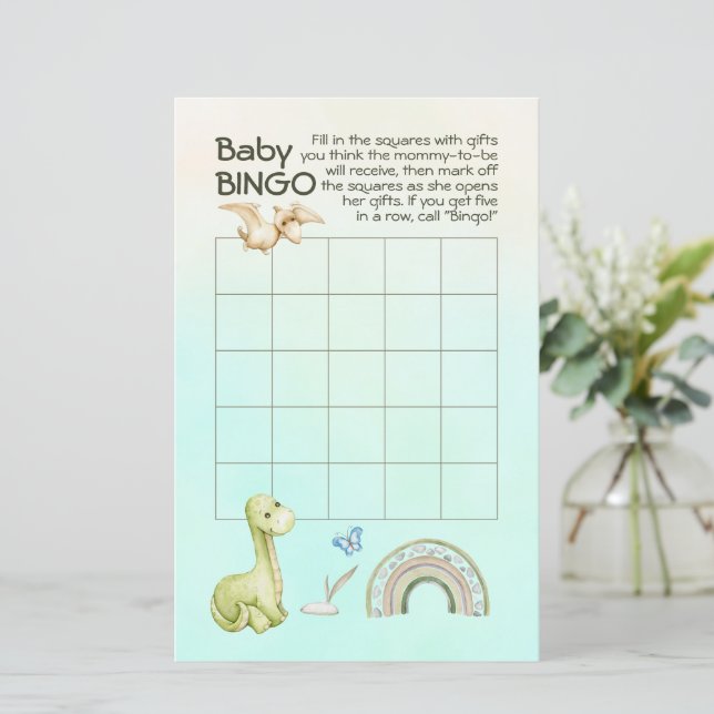 Papier Green Dinosaur Rainbow Baby shower Baby Bingo Jeu (Debout devant)