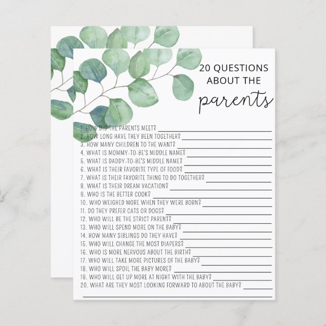 Papier Green Eucalyptus 20 Questions sur les parents (Devant / Derrière)