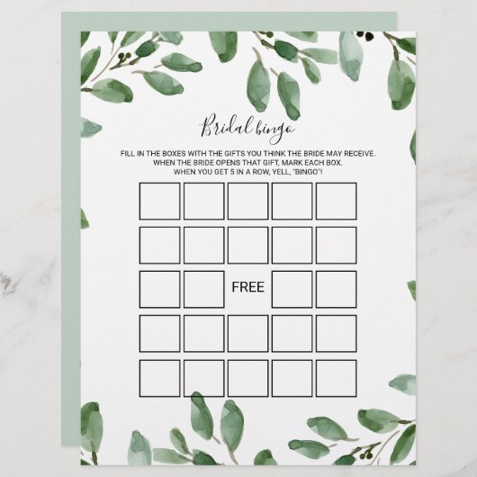 Papier Green Eucalyptus Bride Bingo, Jeu de Fête des mari (Devant / Derrière)