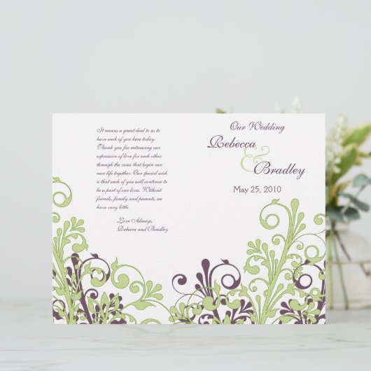 Papier Green & Purple Abstrait Floral Wedding Program (Debout devant)
