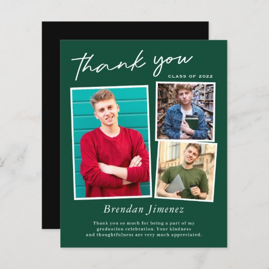 Papier Green White Script 3 Photo Graduation Merci (Devant / Derrière)