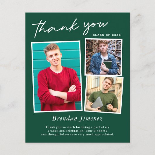 Papier Green White Script 3 Photo Graduation Merci (Devant)