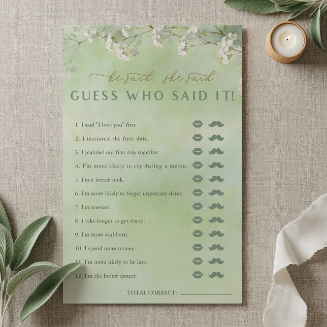 Papier Green Wildflower He Said She Said Game (He Said, She Said Bridal Shower Game Card)