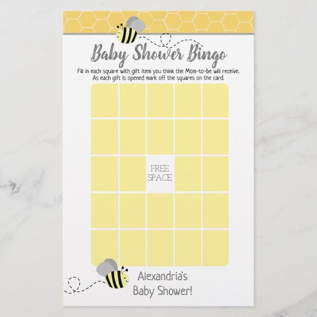 Papier Grey Bumble Bee Baby shower Bingo Jeu (Devant)