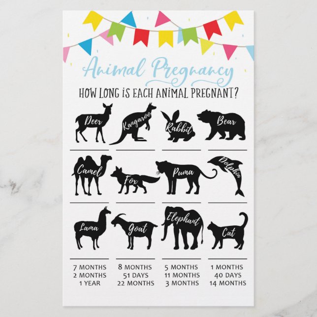 Papier Grossesse animale avec réponses Baby shower Jeu (Devant)