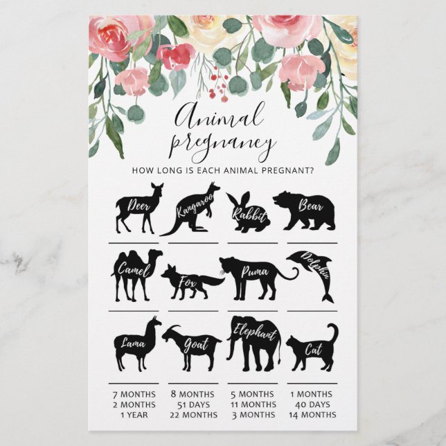 Papier Grossesse animale avec réponses Baby shower Jeu (Devant)