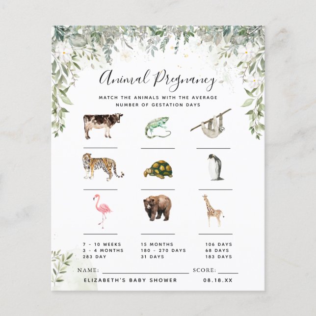 Papier Grossesse Animale | Jeu de Baby Shower (Devant)