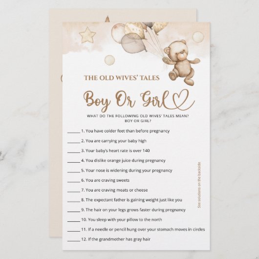 Papier Guess Boy Ou Girl Tales Baby Bear Baby shower (Devant / Derrière)