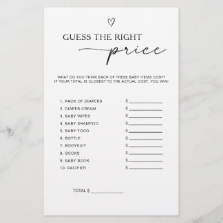 Papier Guess The Price Baby Shower Game