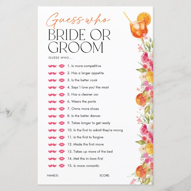 Papier Guess who Bride or Groom Spritz Bridal Shower Game (Devant)
