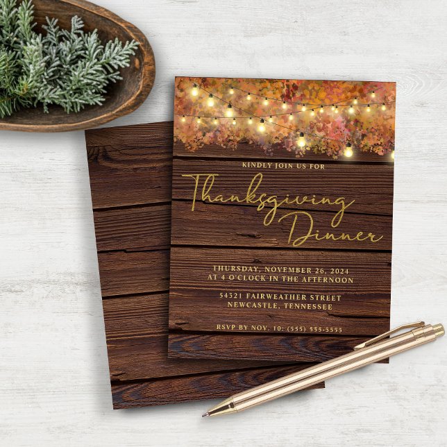 Papier Guirlande lumineuse rustique pour Thanksgiving à p (Budget Rustic Thanksgiving String Lights Wood Dinner Invitation)