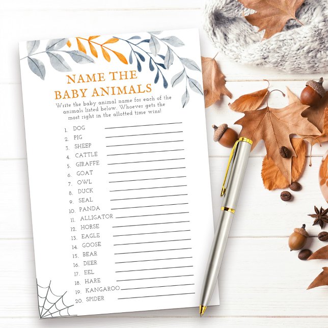 Papier Halloween Baby Animaux Baby shower Jeu (Baby Animals halloween themed baby shower game with fall leaves and cobweb)