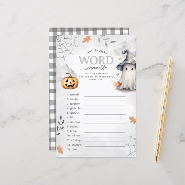 Papier Halloween Ghost Baby shower Word Scramble Jeu (Devant/Arrière en situation)