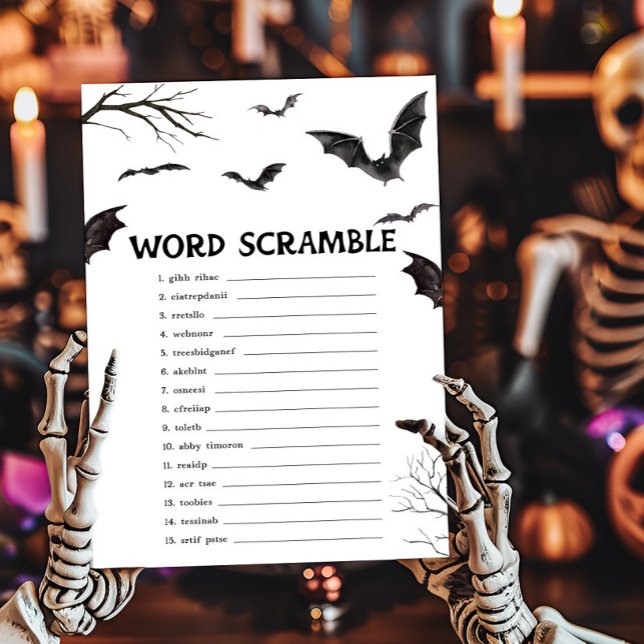 Papier Halloween Noir et Blanc chauves-souris Mot Début J (Black and White Bats Baby Shower Word Scramble Game)