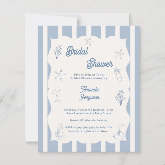 Papier Hand drawn beach blue Bridal Shower invitation (Devant)