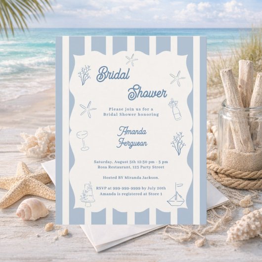 Papier Hand drawn beach blue Bridal Shower invitation