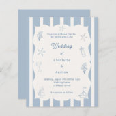 Papier Hand drawn beach blue ivory wedding invitation (Devant / Derrière)