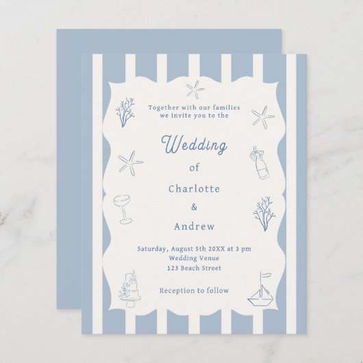 Papier Hand drawn beach blue ivory wedding invitation (Devant / Derrière)