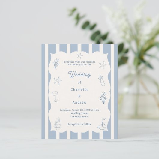 Papier Hand drawn beach blue ivory wedding invitation (Debout devant)