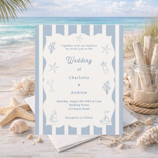 Papier Hand drawn beach blue ivory wedding invitation