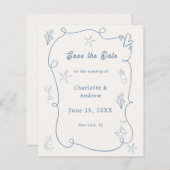 Papier Hand drawn beach blue ivory wedding Save the Date (Devant / Derrière)