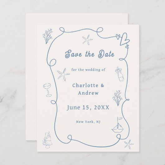 Papier Hand drawn beach blue ivory wedding Save the Date (Devant / Derrière)