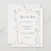 Papier Hand drawn beach blue ivory wedding Save the Date (Devant)