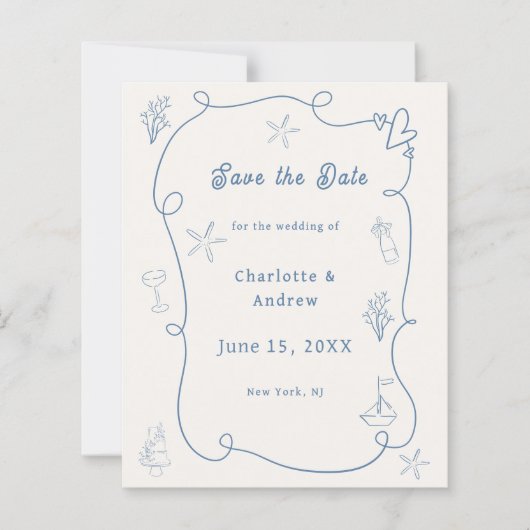 Papier Hand drawn beach blue ivory wedding Save the Date (Devant)