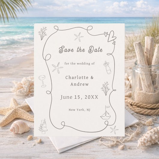 Papier Hand drawn beach ivory taupe wedding Save the Date