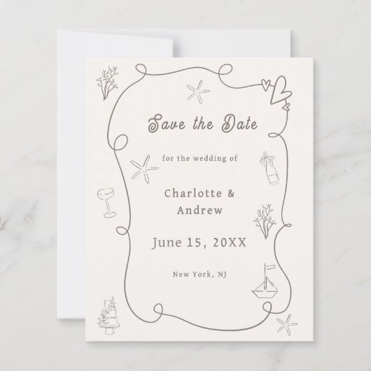 Papier Hand drawn beach ivory taupe wedding Save the Date (Devant)