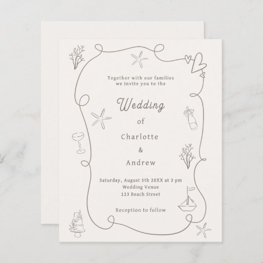 Papier Hand drawn beach sand ivory wedding invitation (Devant / Derrière)