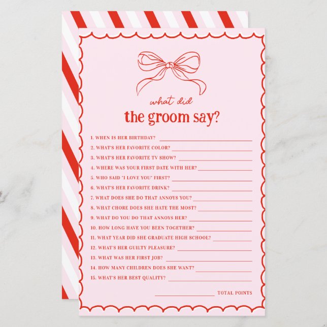 Papier Hand Drawn Bow Red & Pink What Did the Groom Say (Devant / Derrière)