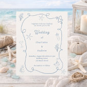 Papier Hand drawn coastal blue ivory wedding invitation