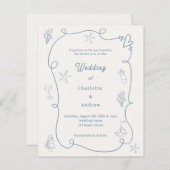 Papier Hand drawn coastal blue ivory wedding invitation (Devant / Derrière)